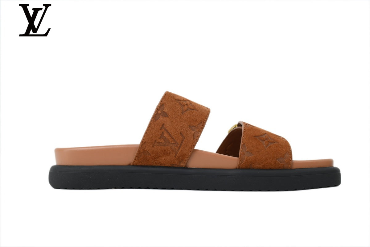 Louis Vuitton Monogram Slide Sandal in Caramel Brown with Gold Buckle and Double Strap