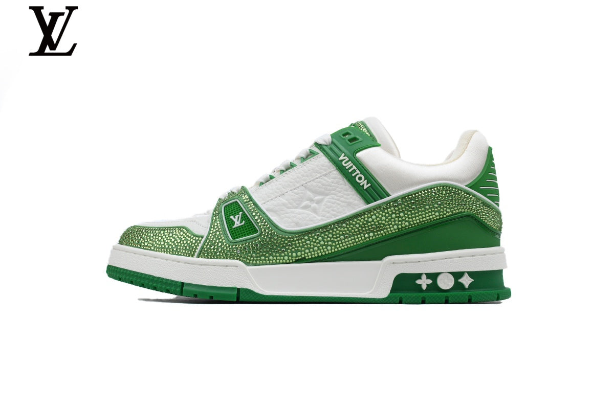Louis Vuitton LV shoes for man  women Trainer Sneaker – White & Green Rhinestone
