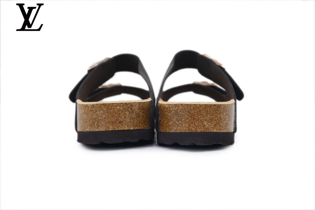 louis vuitton shoes for man  women Birkenstock Slide Sandal in Dark Grey with Double Buckle and Cork Footbed