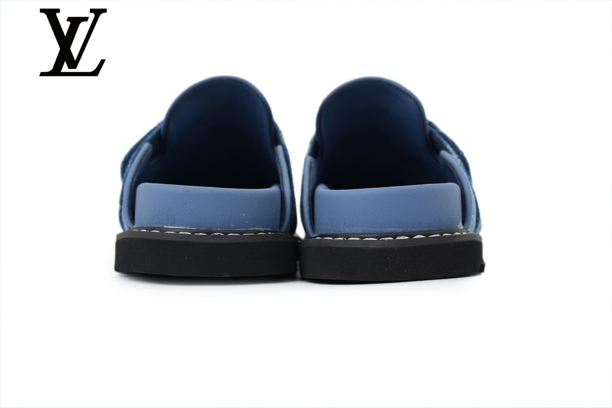 louis vuitton shoes for man  women Blue Monogram-Pattern Denim Mules | Sizes 35–46