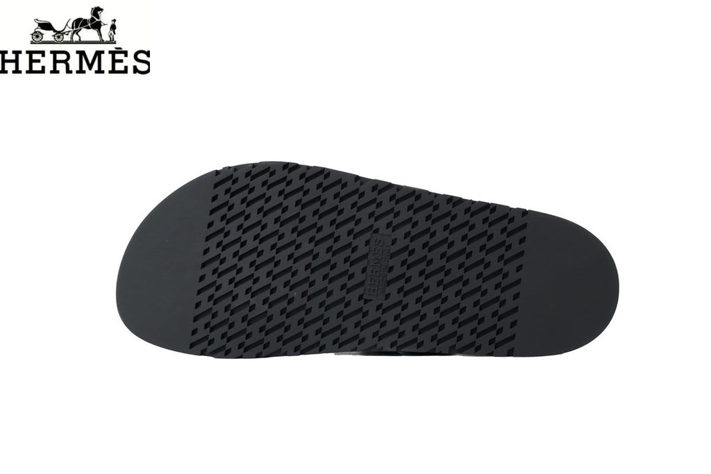 Hermès Black Leather Dual-Strap Slide Sandal