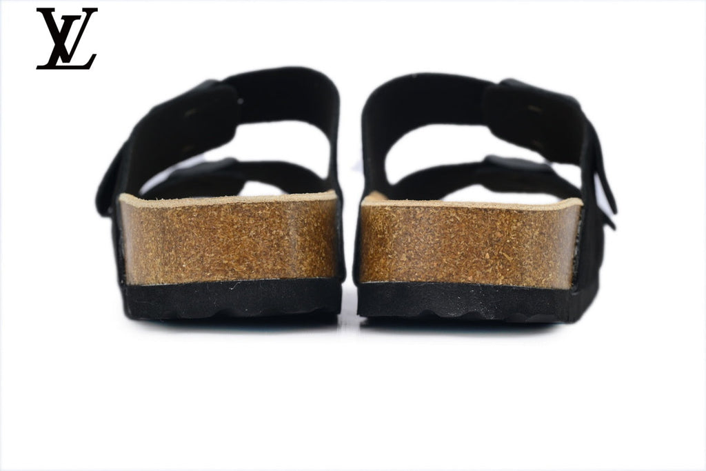 louis vuitton shoes for man  women Birkenstock Slide Sandal in Black Suede with Double Buckle and Cork Footbed