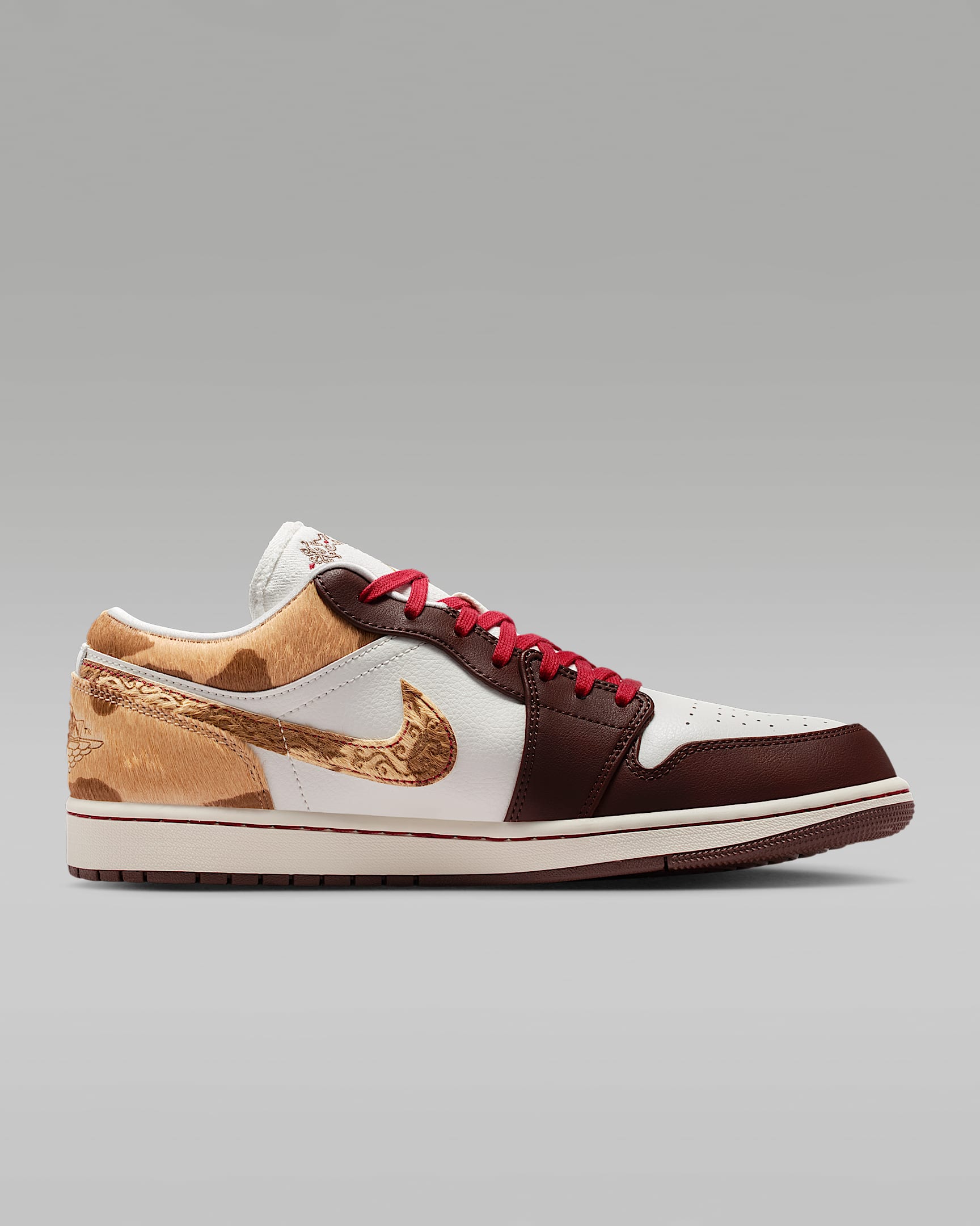 Air Jordan 1 Low White Dark Brown Leopard Fur Red Laces Leather Sneakers