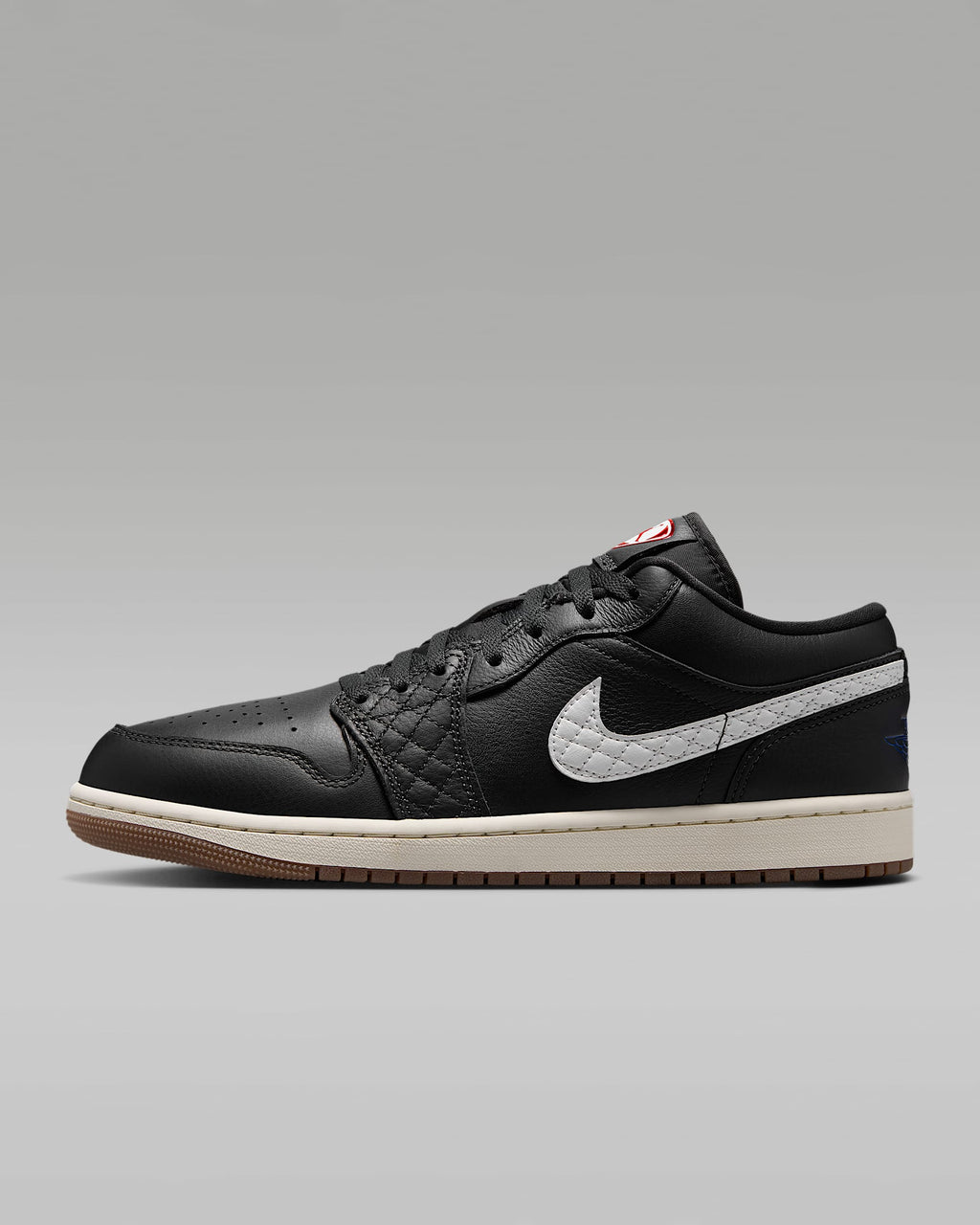 Air Jordan 1 Low Black White Quilted Swoosh Gum Outsole Leather Sneakers