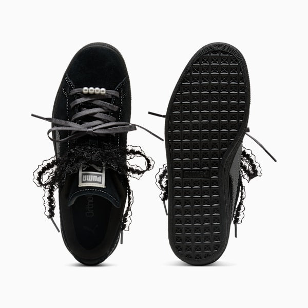 Puma Suede — Black / Lace Ribbon / Pearl