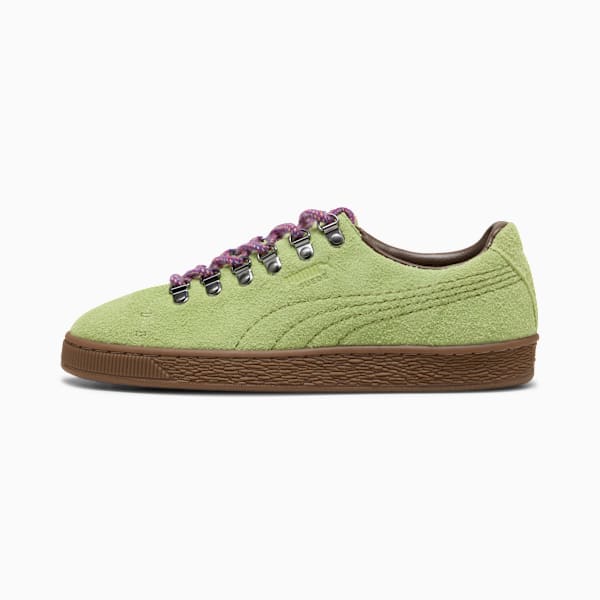 Puma Suede — Green / Metal Eyelets / Purple Laces