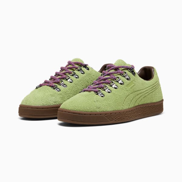 Puma Suede — Green / Metal Eyelets / Purple Laces