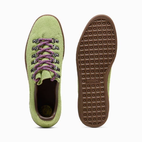 Puma Suede — Green / Metal Eyelets / Purple Laces