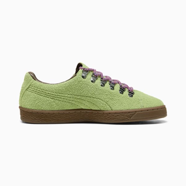 Puma Suede — Green / Metal Eyelets / Purple Laces