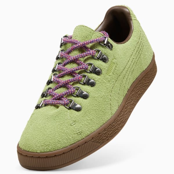 Puma Suede — Green / Metal Eyelets / Purple Laces