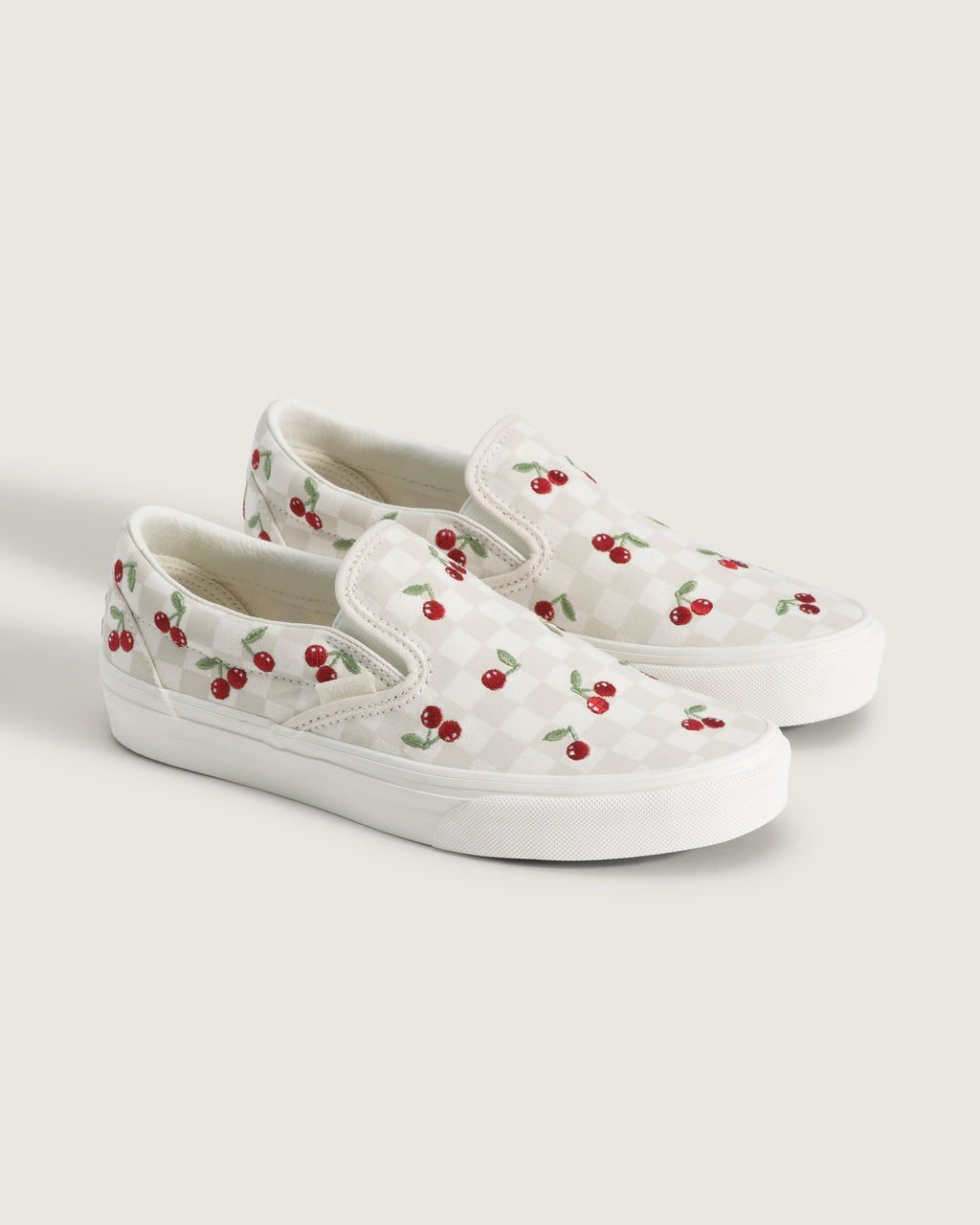 Vans Classic Slip-On Beige Checkerboard Cherry Embroidery Unisex Skate Shoes