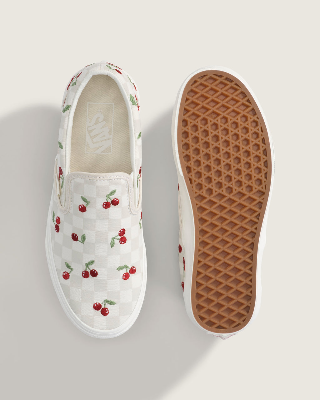 Vans Classic Slip-On Beige Checkerboard Cherry Embroidery Unisex Skate Shoes