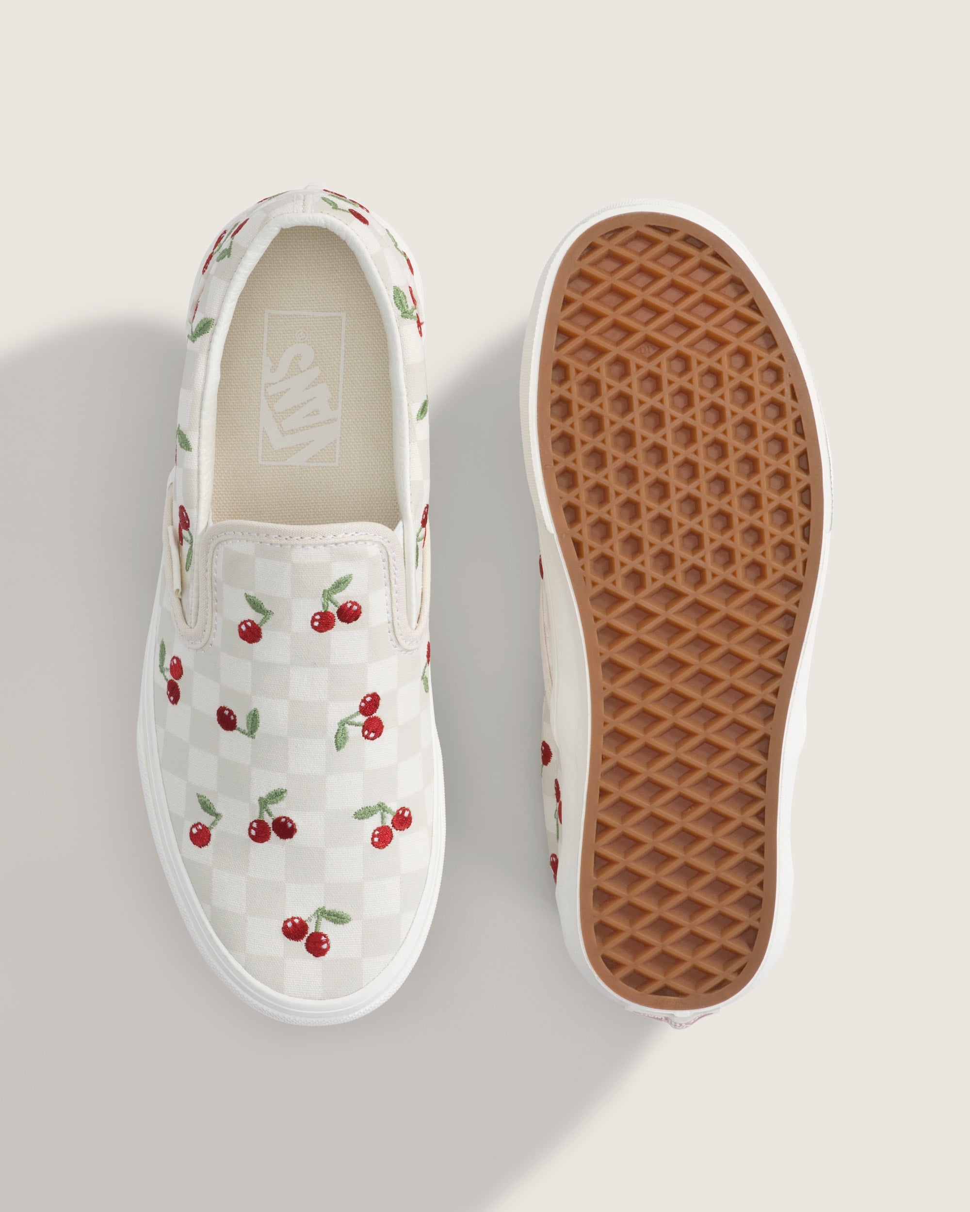 Vans Classic Slip-On Beige Checkerboard Cherry Embroidery Unisex Skate Shoes