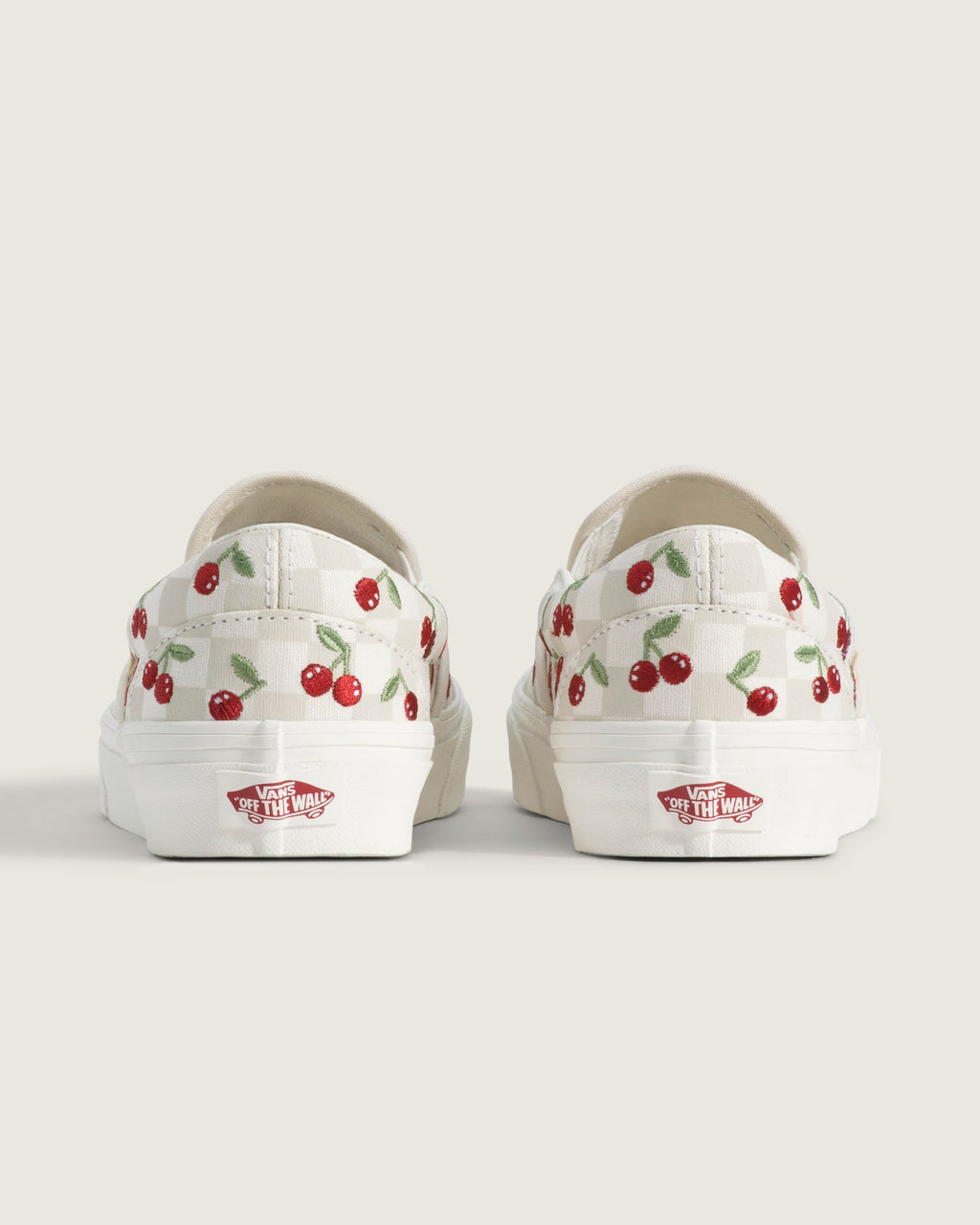 Vans Classic Slip-On Beige Checkerboard Cherry Embroidery Unisex Skate Shoes