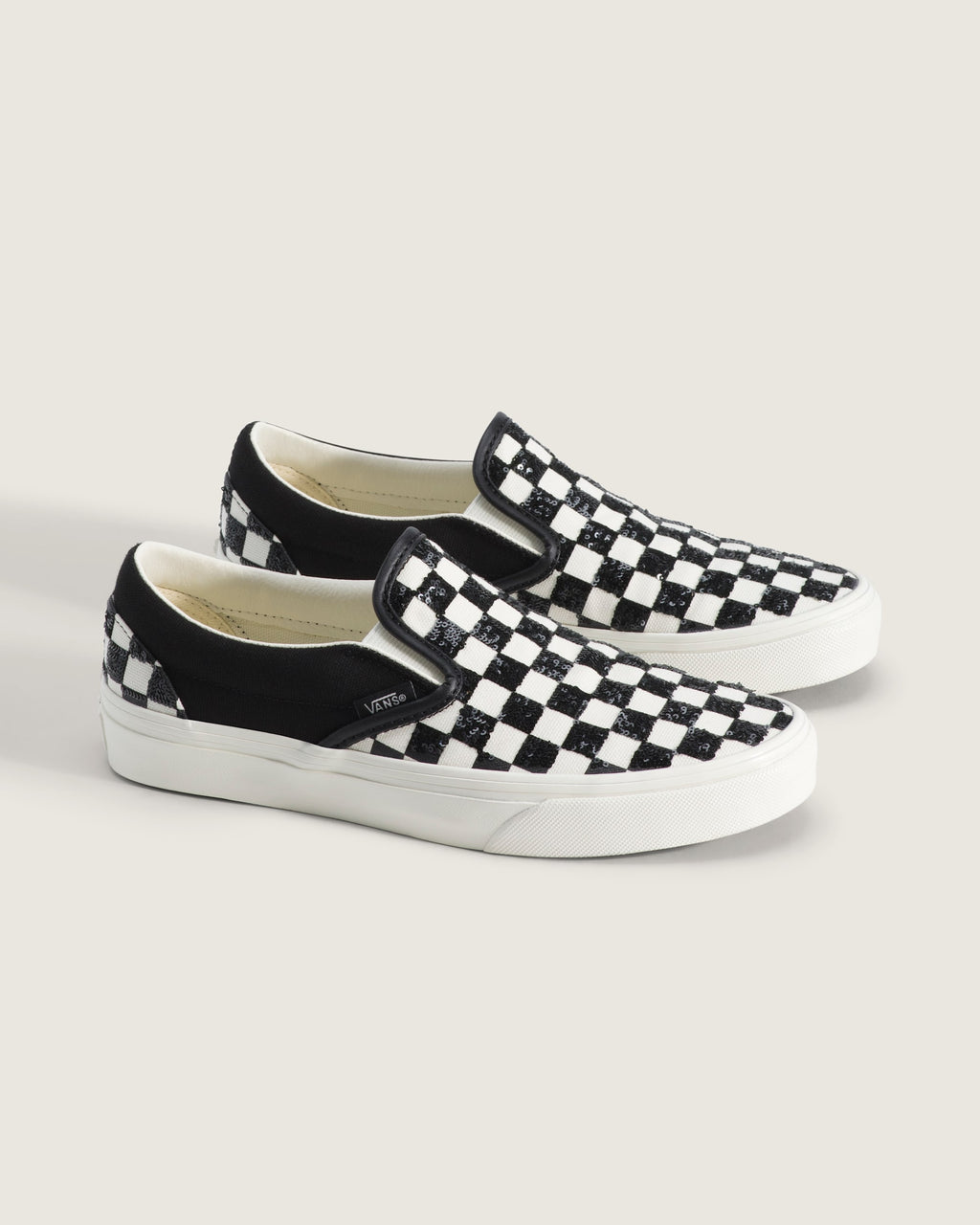 Vans Classic Slip-On Black & White Sequin Checkerboard Unisex Skate Shoes