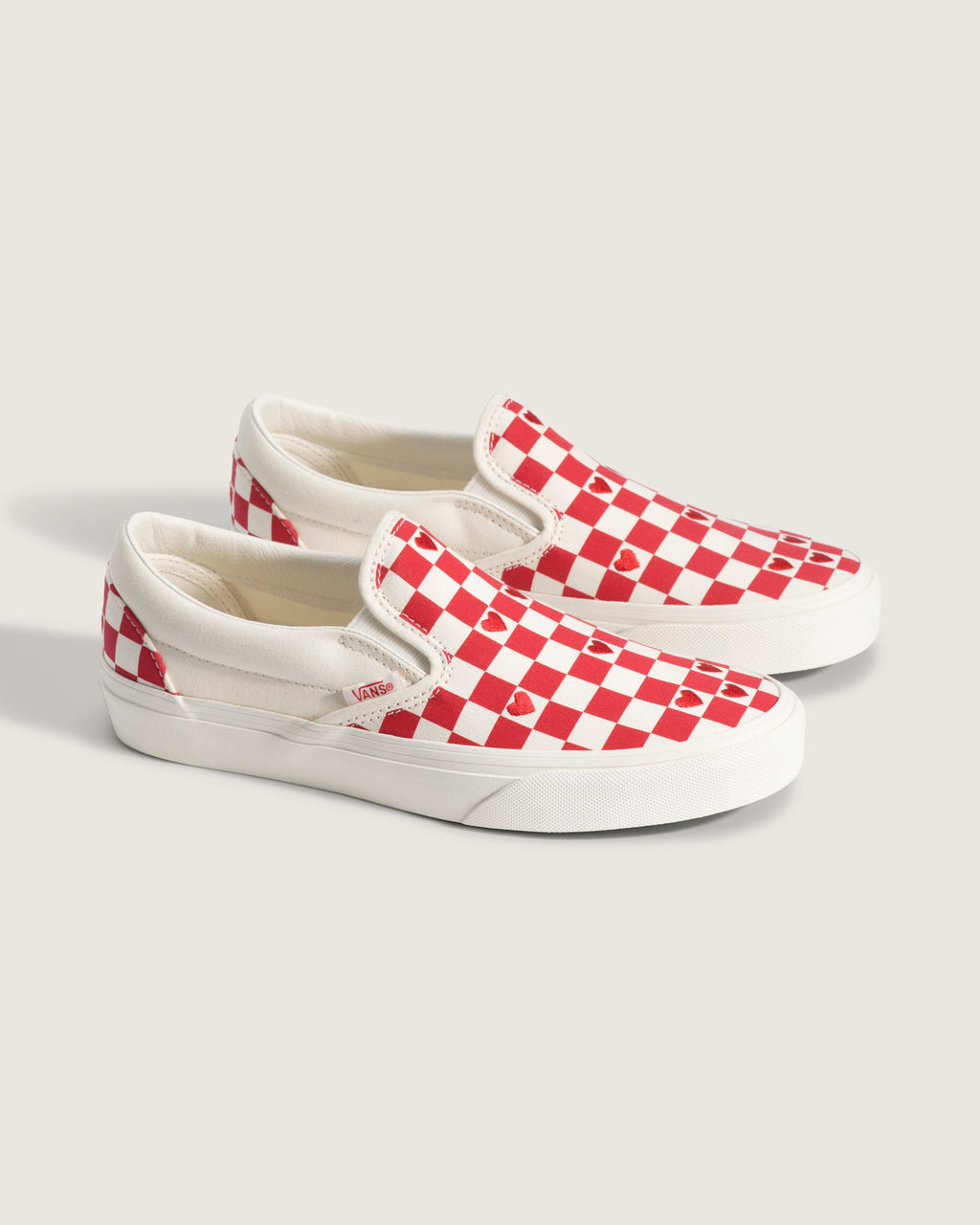 Vans Classic Slip-On Red & White Heart Checkerboard Unisex Skate Shoes