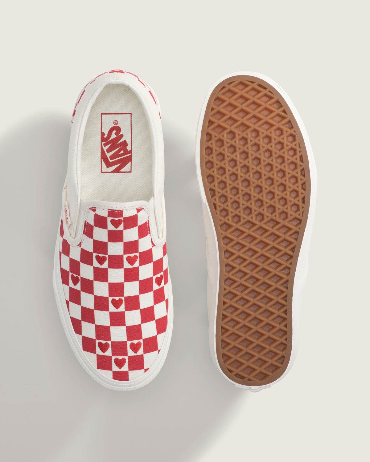 Vans Classic Slip-On Red & White Heart Checkerboard Unisex Skate Shoes