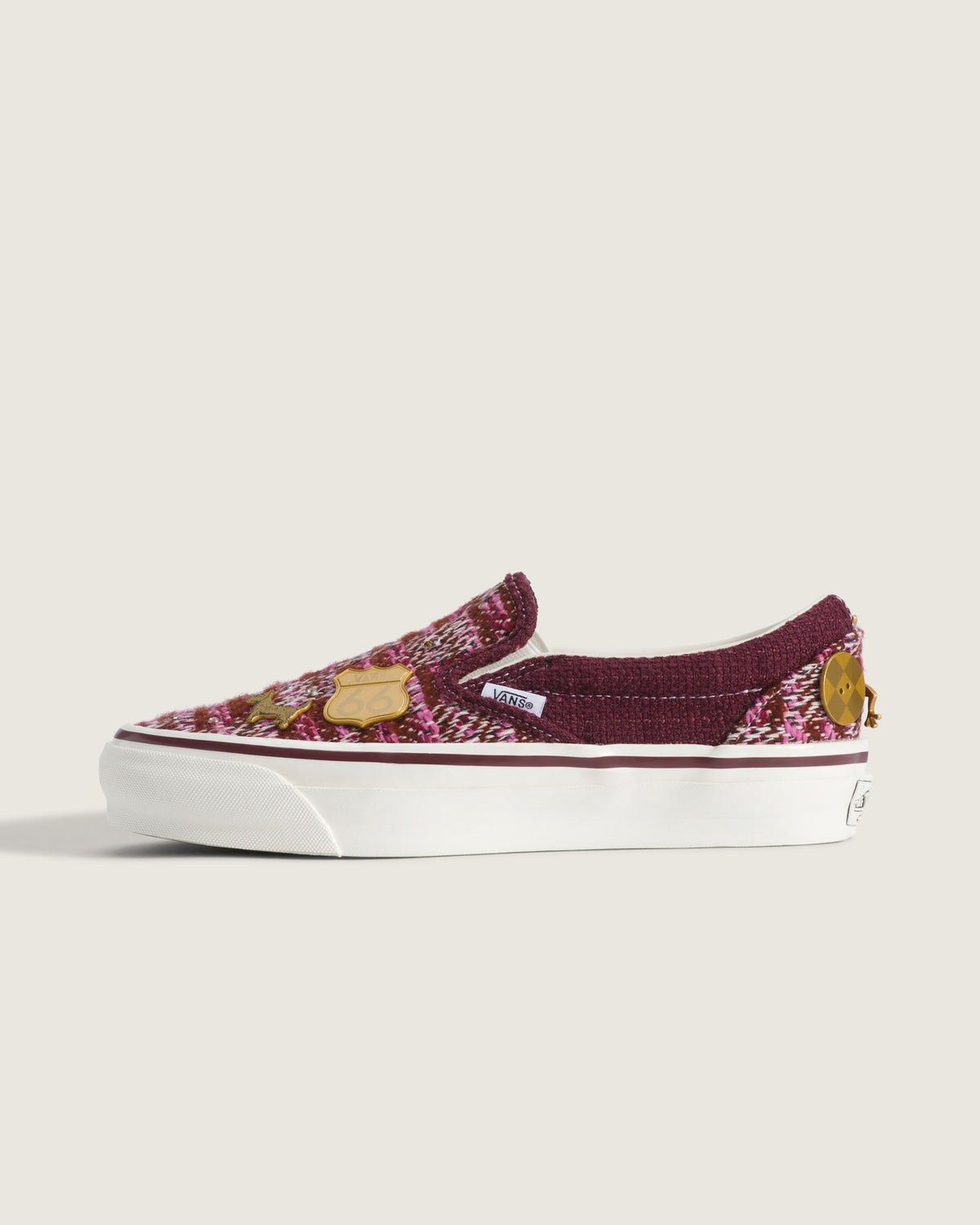 Vans Classic Slip-On Burgundy Fair Isle 66 Badge Unisex Skate Shoes