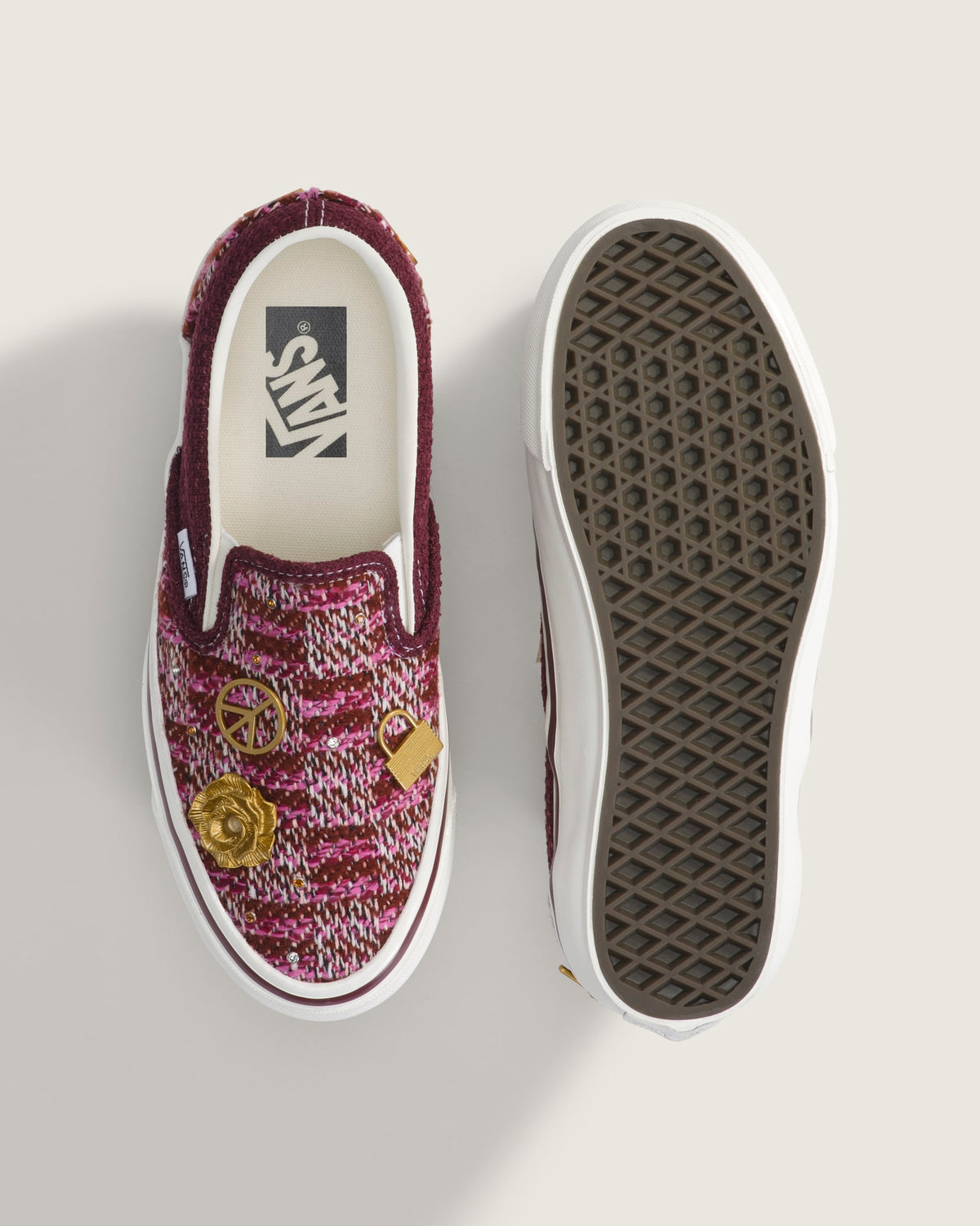 Vans Classic Slip-On Burgundy Fair Isle 66 Badge Unisex Skate Shoes