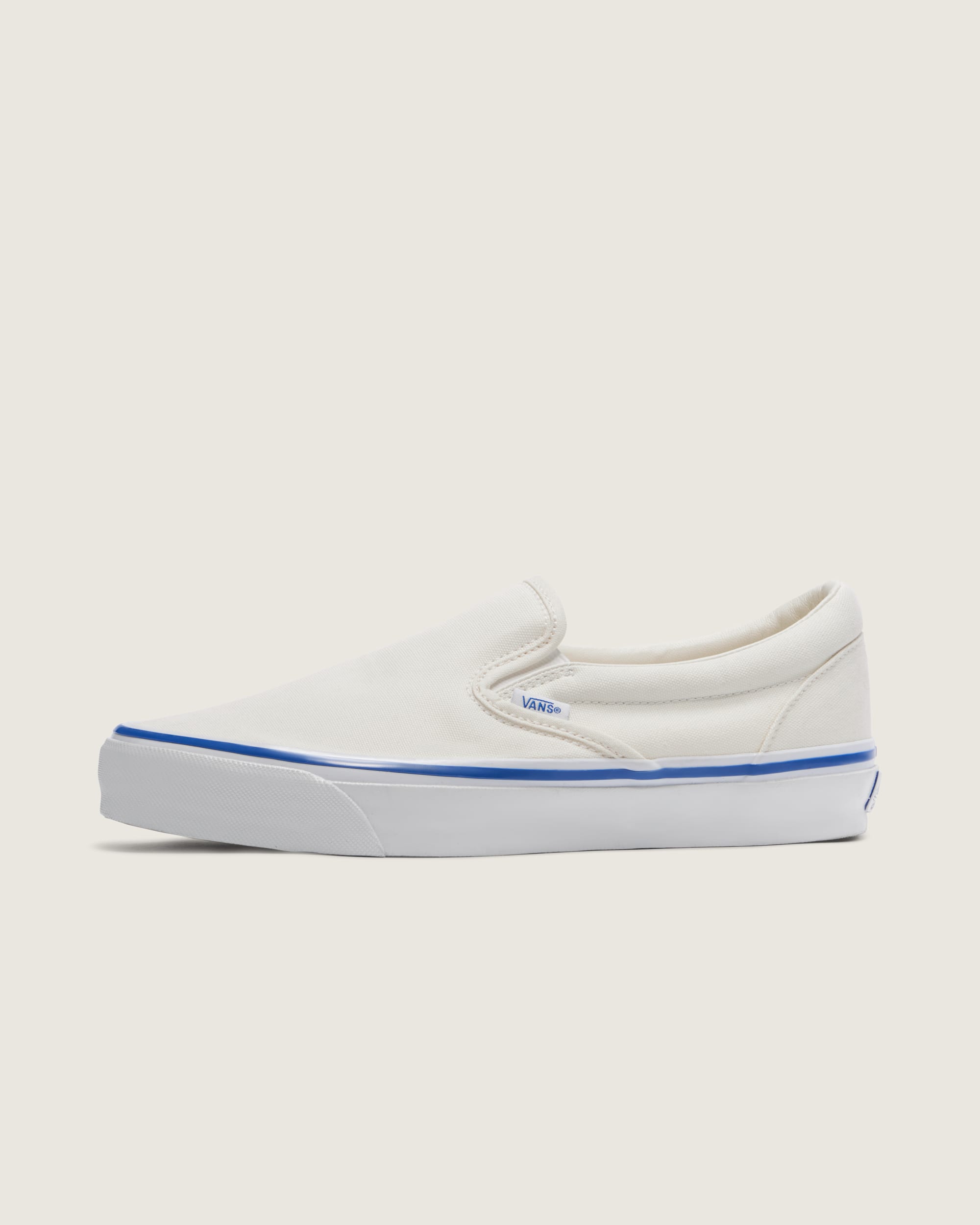 Vans Classic Slip-On Off-White Blue Stripe Unisex Skate Shoes