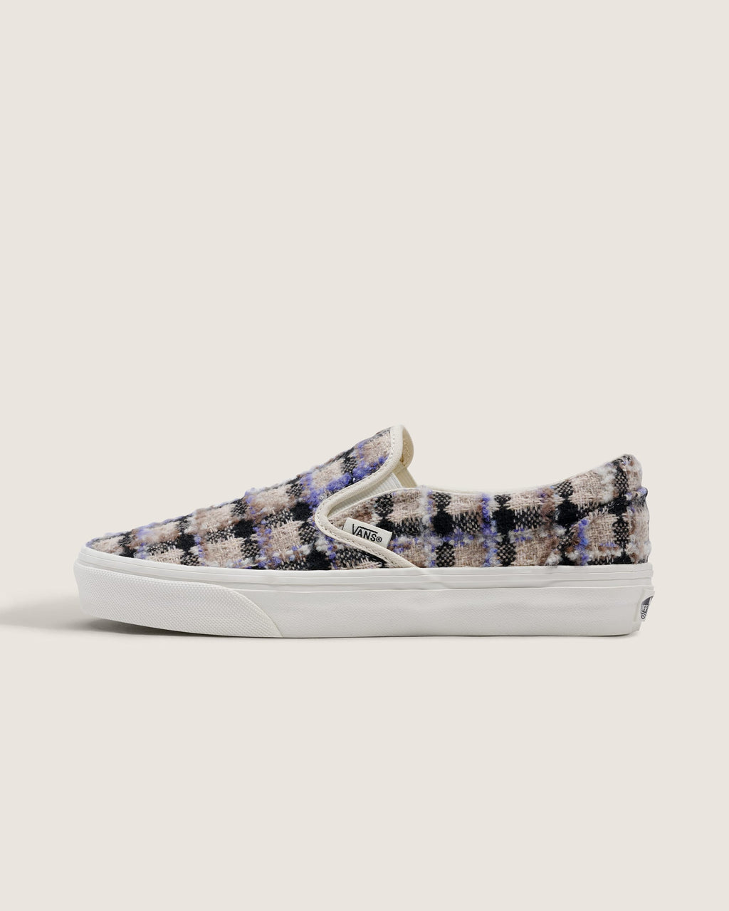 Vans Classic Slip-On Purple Beige Plaid Tweed Unisex Skate Shoes