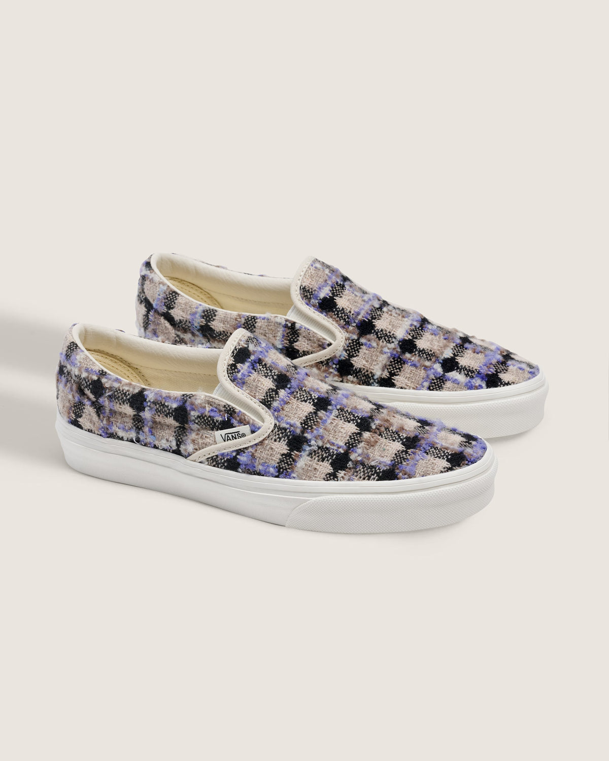 Vans Classic Slip-On Purple Beige Plaid Tweed Unisex Skate Shoes