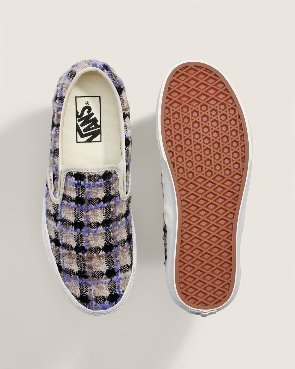 Vans Classic Slip-On Purple Beige Plaid Tweed Unisex Skate Shoes