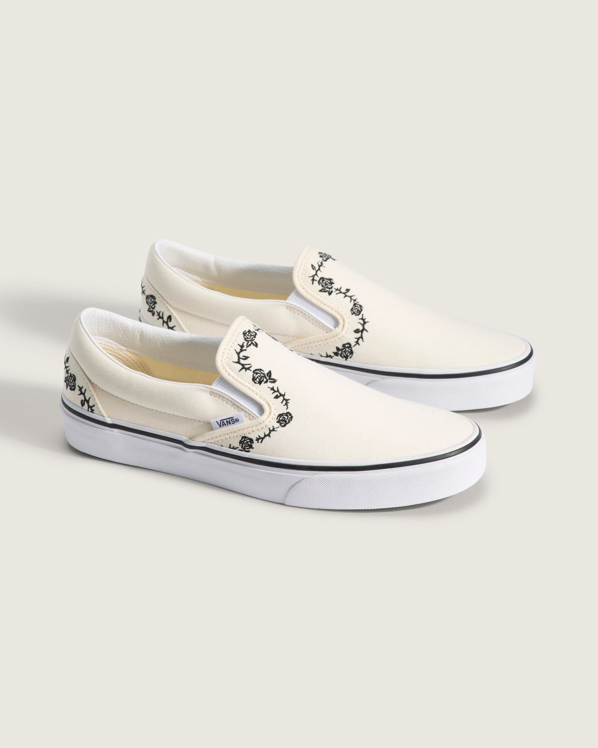 Vans Classic Slip-On Cream Black Rose Embroidery Unisex Skate Shoes
