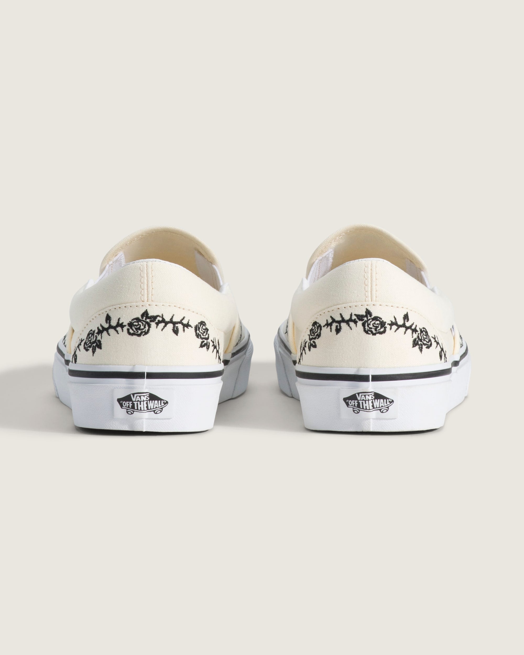 Vans Classic Slip-On Cream Black Rose Embroidery Unisex Skate Shoes