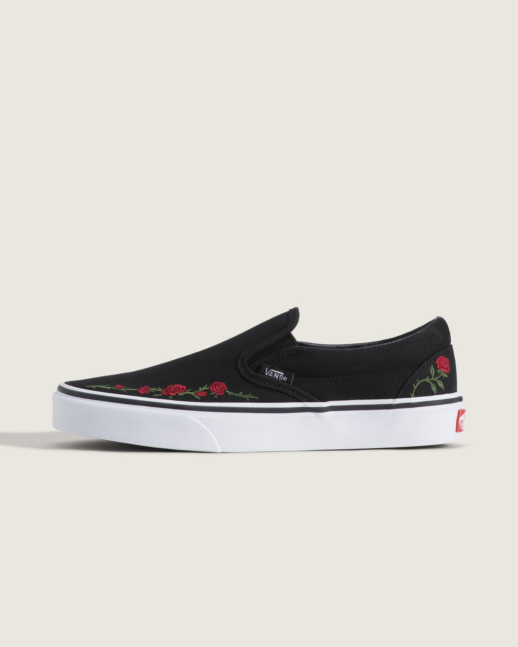 Vans Classic Slip-On Black Red Rose Embroidery Unisex Skate Shoes