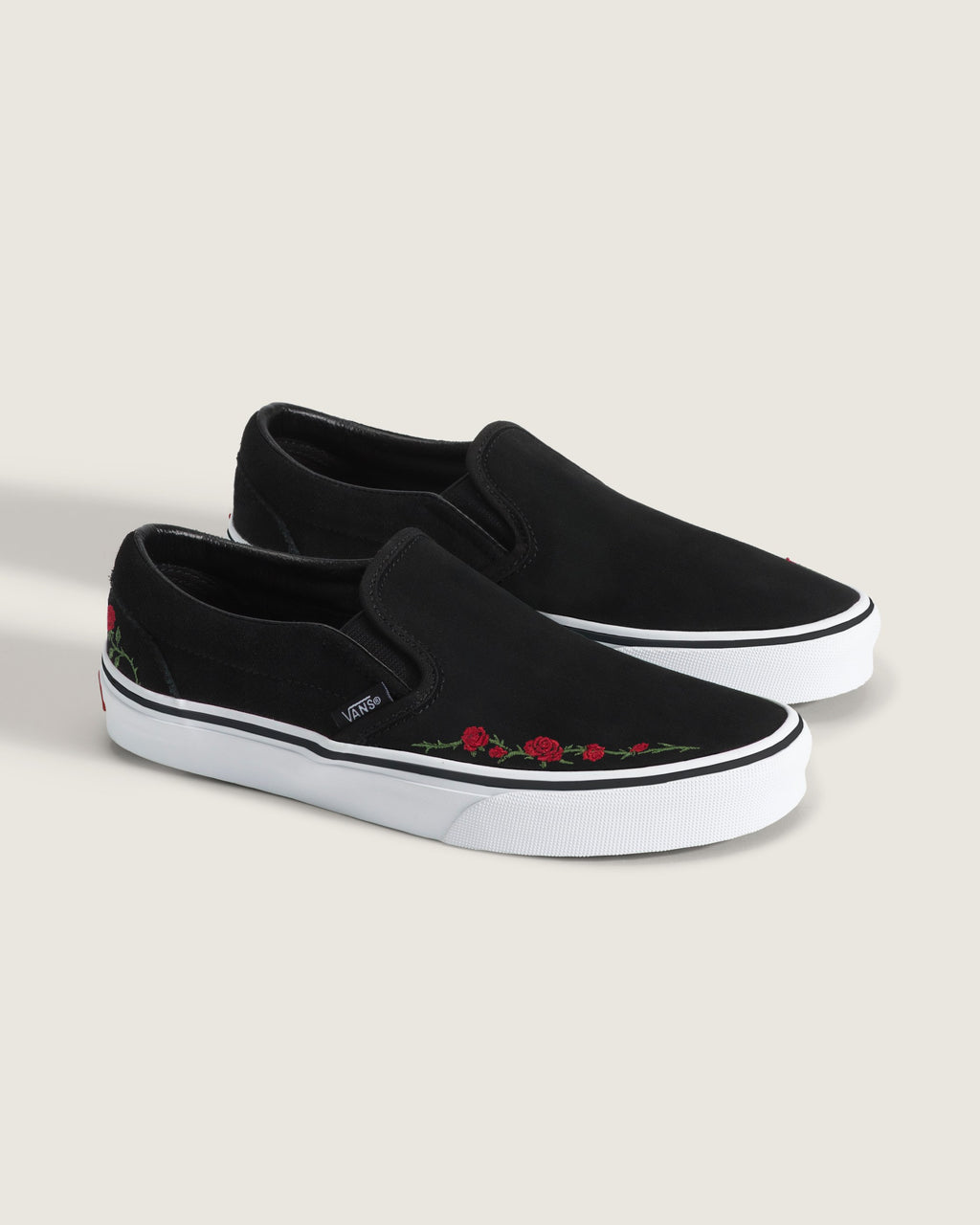 Vans Classic Slip-On Black Red Rose Embroidery Unisex Skate Shoes