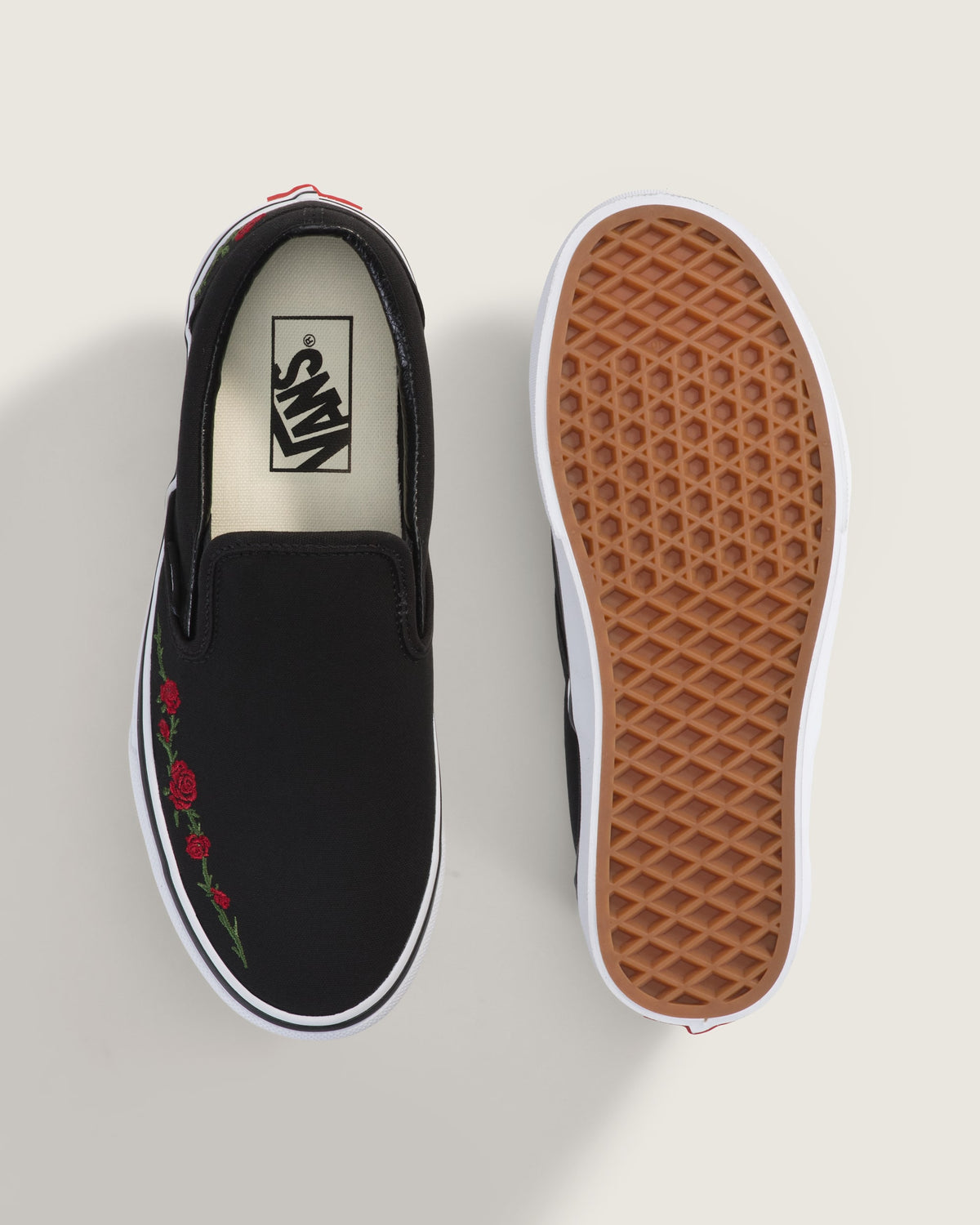 Vans Classic Slip-On Black Red Rose Embroidery Unisex Skate Shoes