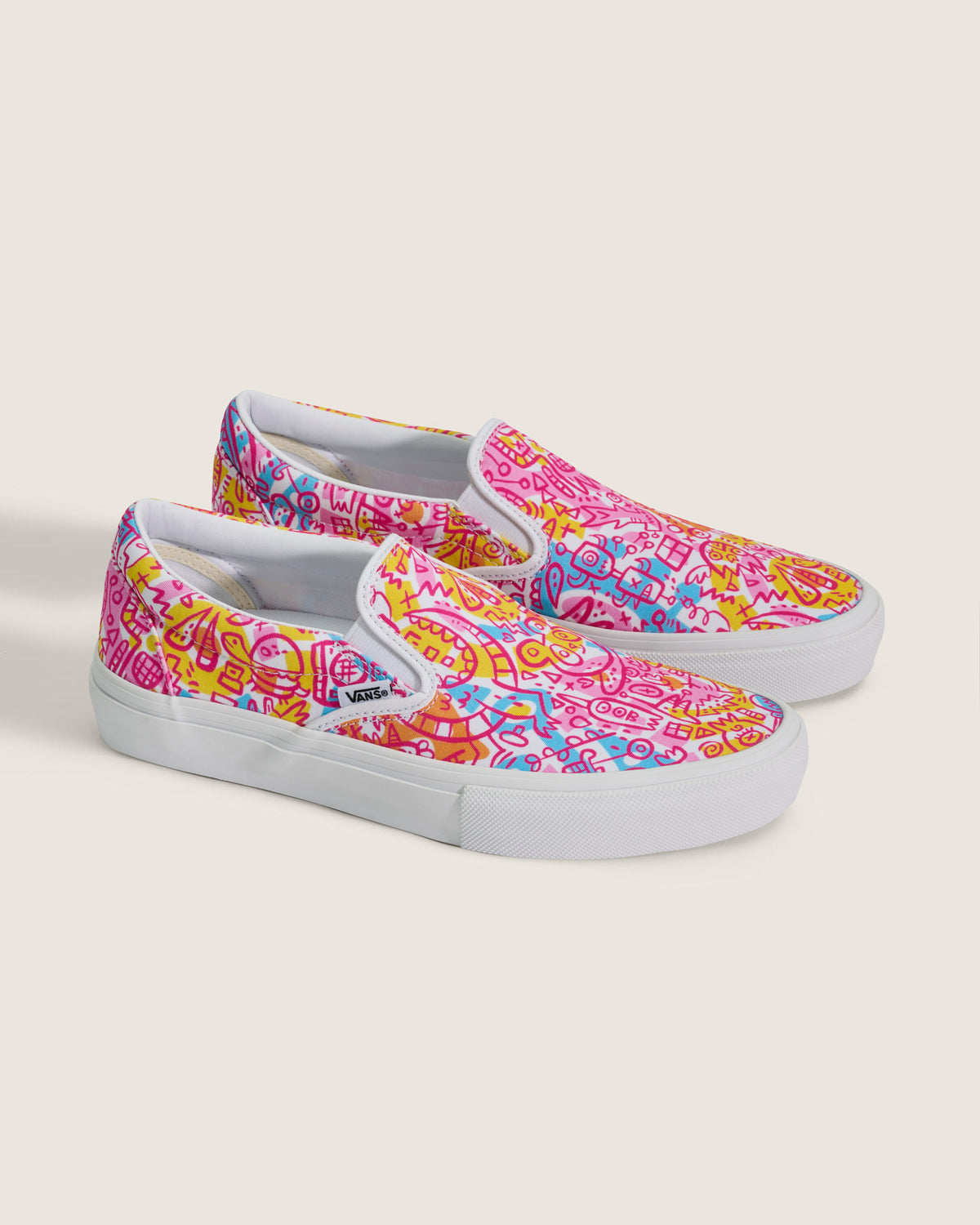 Vans Classic Slip-On Pink Multicolor Doodle Print Unisex Skate Shoes