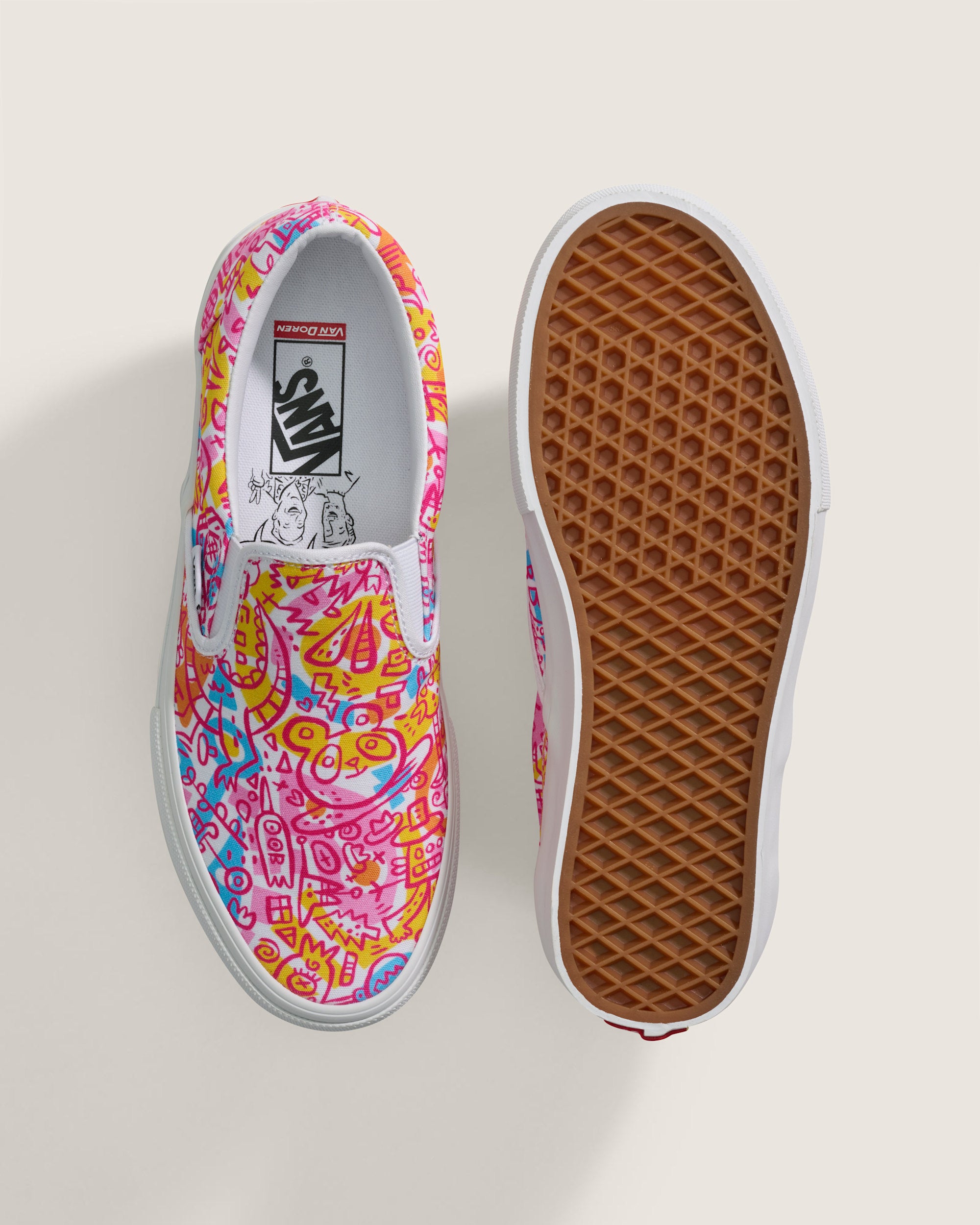 Vans Classic Slip-On Pink Multicolor Doodle Print Unisex Skate Shoes