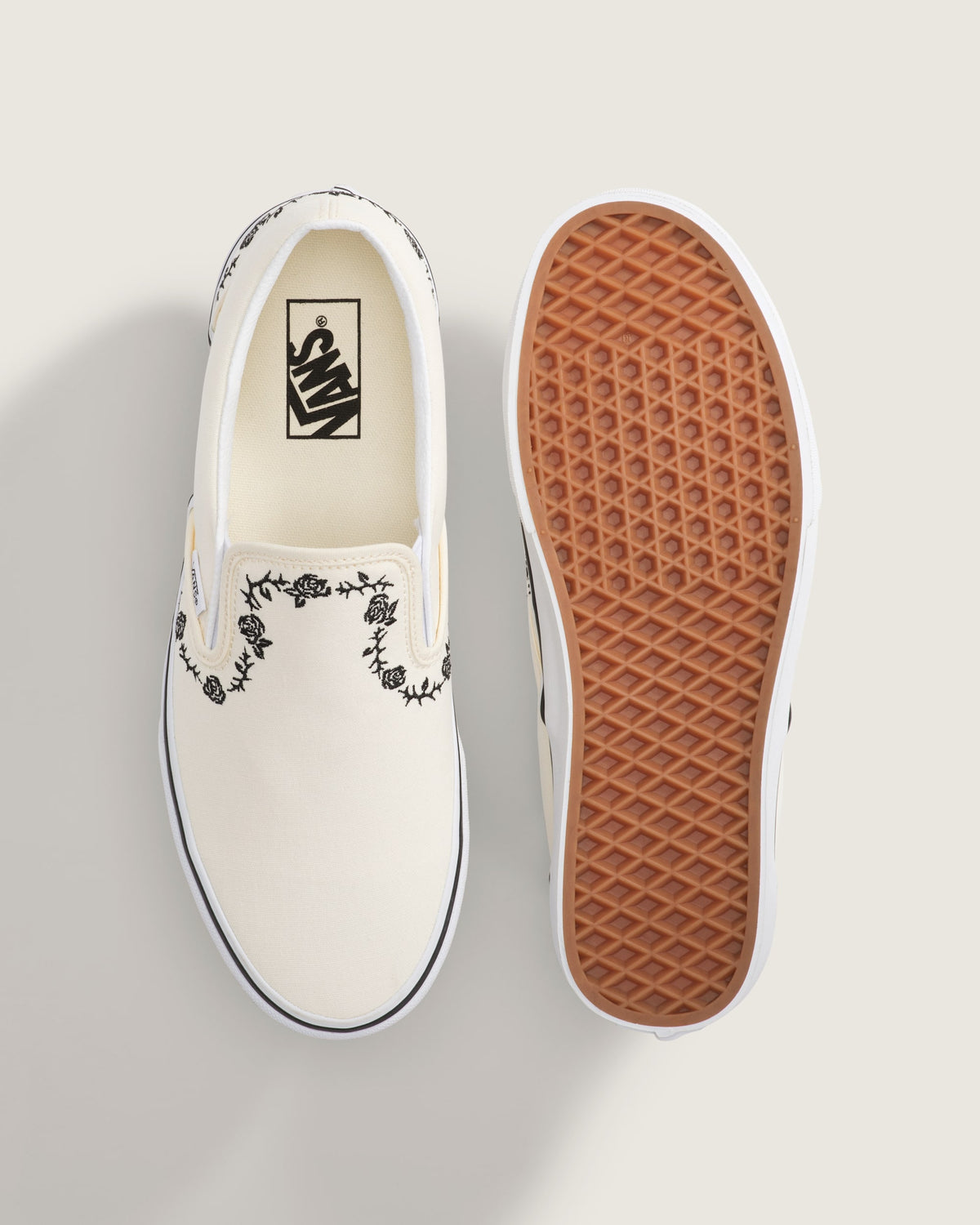 Vans Classic Slip-On Cream White Black Rose Embroidery Unisex Skate Shoes