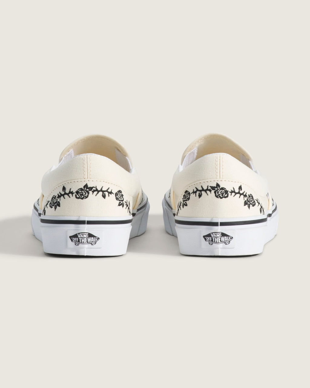 Vans Classic Slip-On Cream White Black Rose Embroidery Unisex Skate Shoes