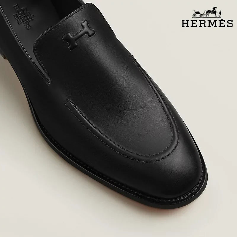 Hermès Black Smooth Leather Loafer with Embossed Logo