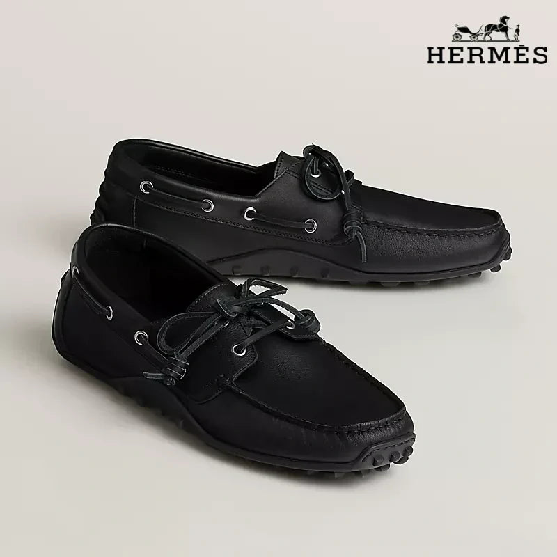 Hermès Black Leather Lace-Up Driving Shoe