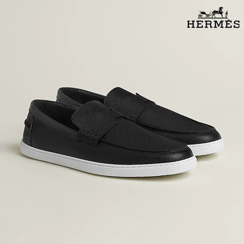 Hermès Black Grain Leather Loafer with White Sole
