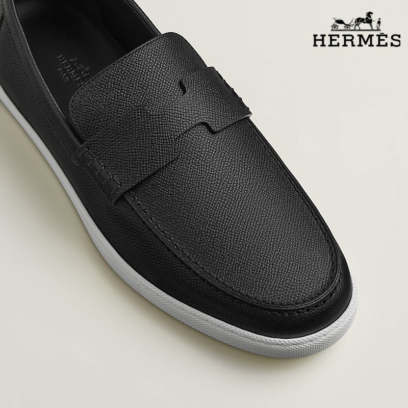 Hermès Black Grain Leather Loafer with White Sole