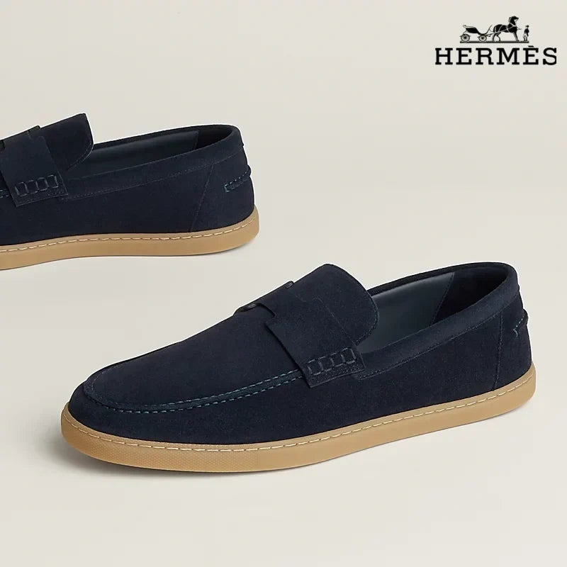 Hermès Navy Suede Loafer with Gum Sole