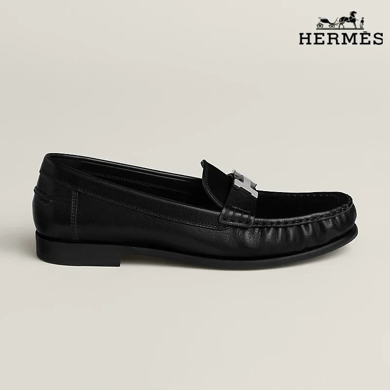 Hermès Black Leather Loafer with Silver H Buckle