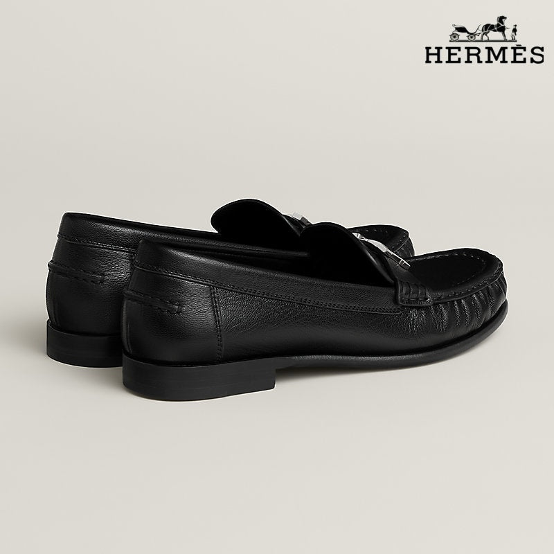 Hermès Black Leather Loafer with Silver H Buckle