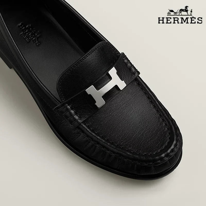 Hermès Black Leather Loafer with Silver H Buckle