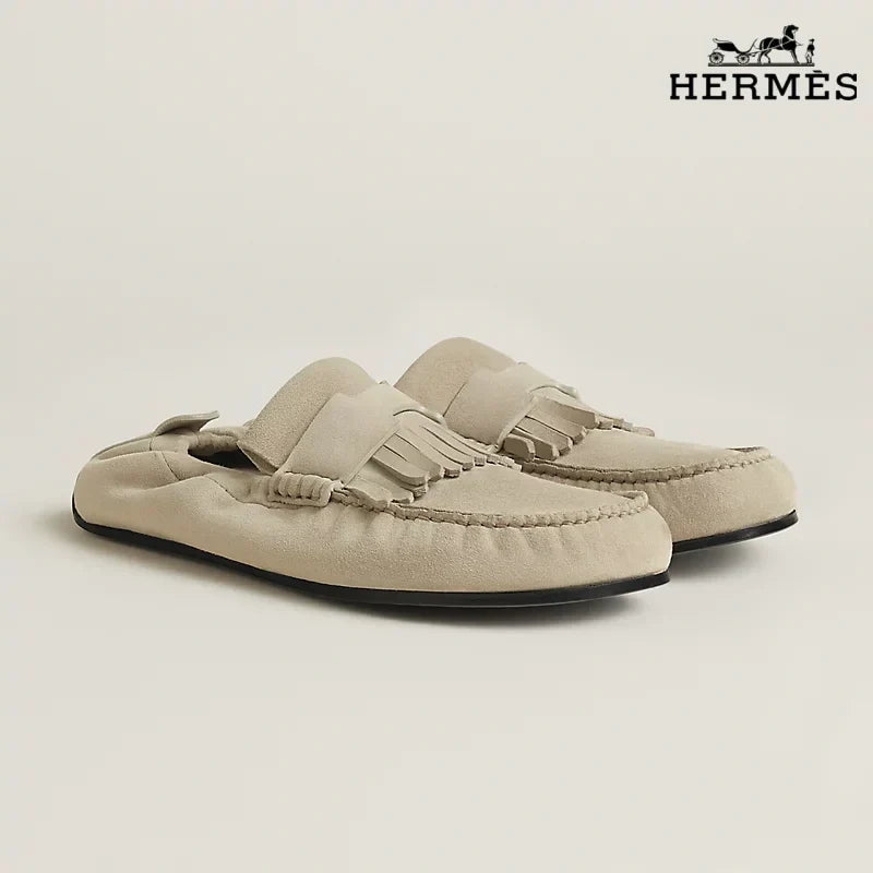 Hermès Beige Suede Mule Loafer with Tassel