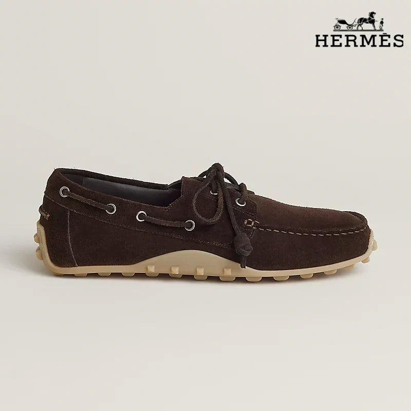 Hermès Dark Brown Suede Lace-Up Driving Shoe with Gum Sole