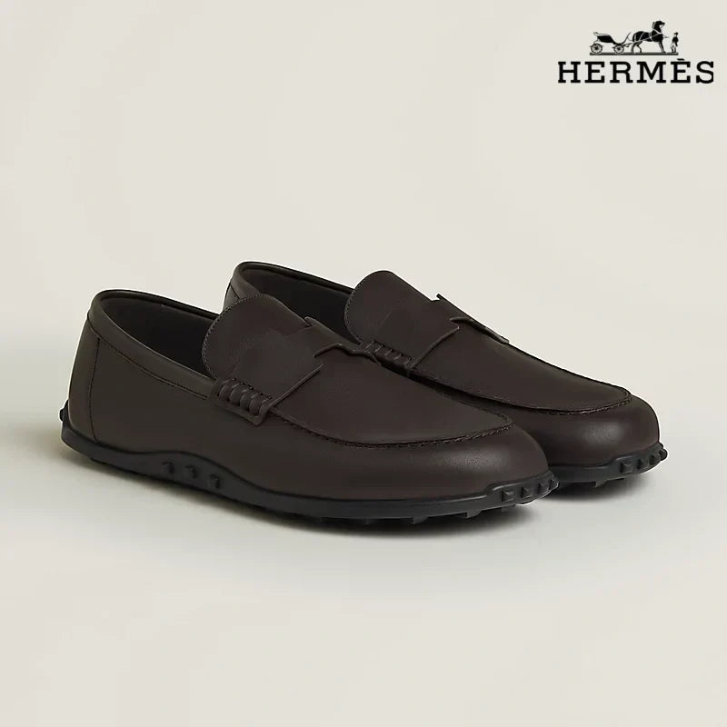 Hermès Dark Brown Leather Driving Loafer with Studded Sole
