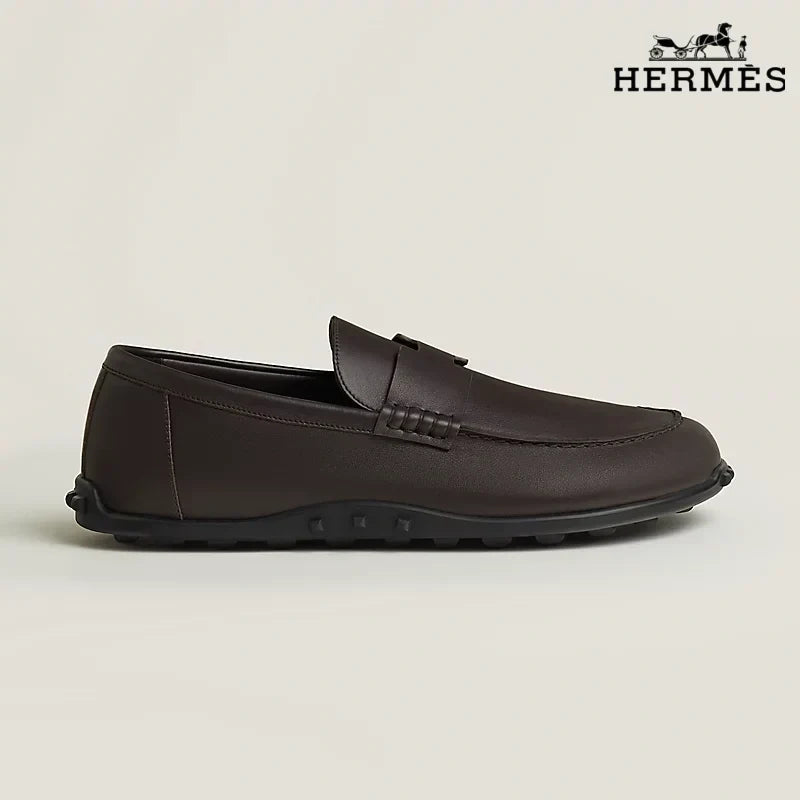 Hermès Dark Brown Leather Driving Loafer with Studded Sole