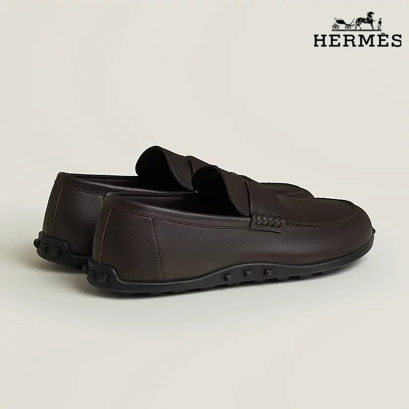 Hermès Dark Brown Leather Driving Loafer with Studded Sole