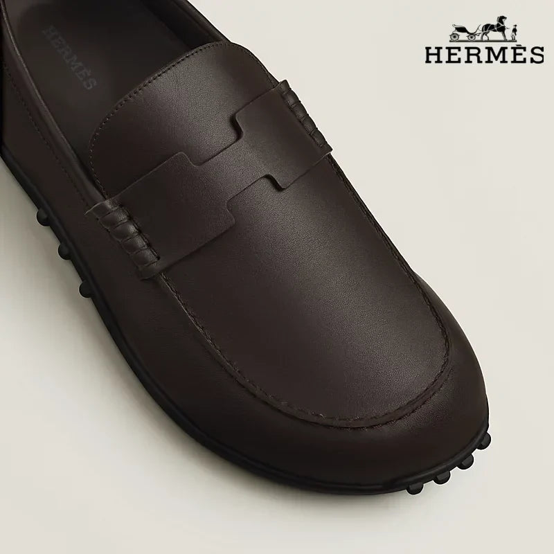 Hermès Dark Brown Leather Driving Loafer with Studded Sole
